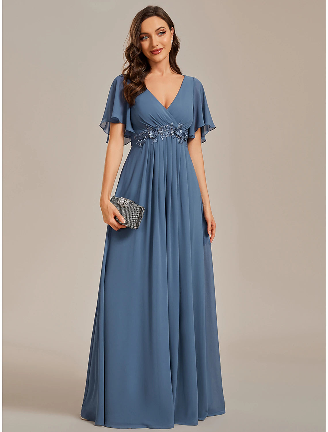 A-Line Wedding Guest Dresses Elegant Dress Formal Sweep / Brush Train Short Sleeve V Neck Chiffon with Ruched Appliques