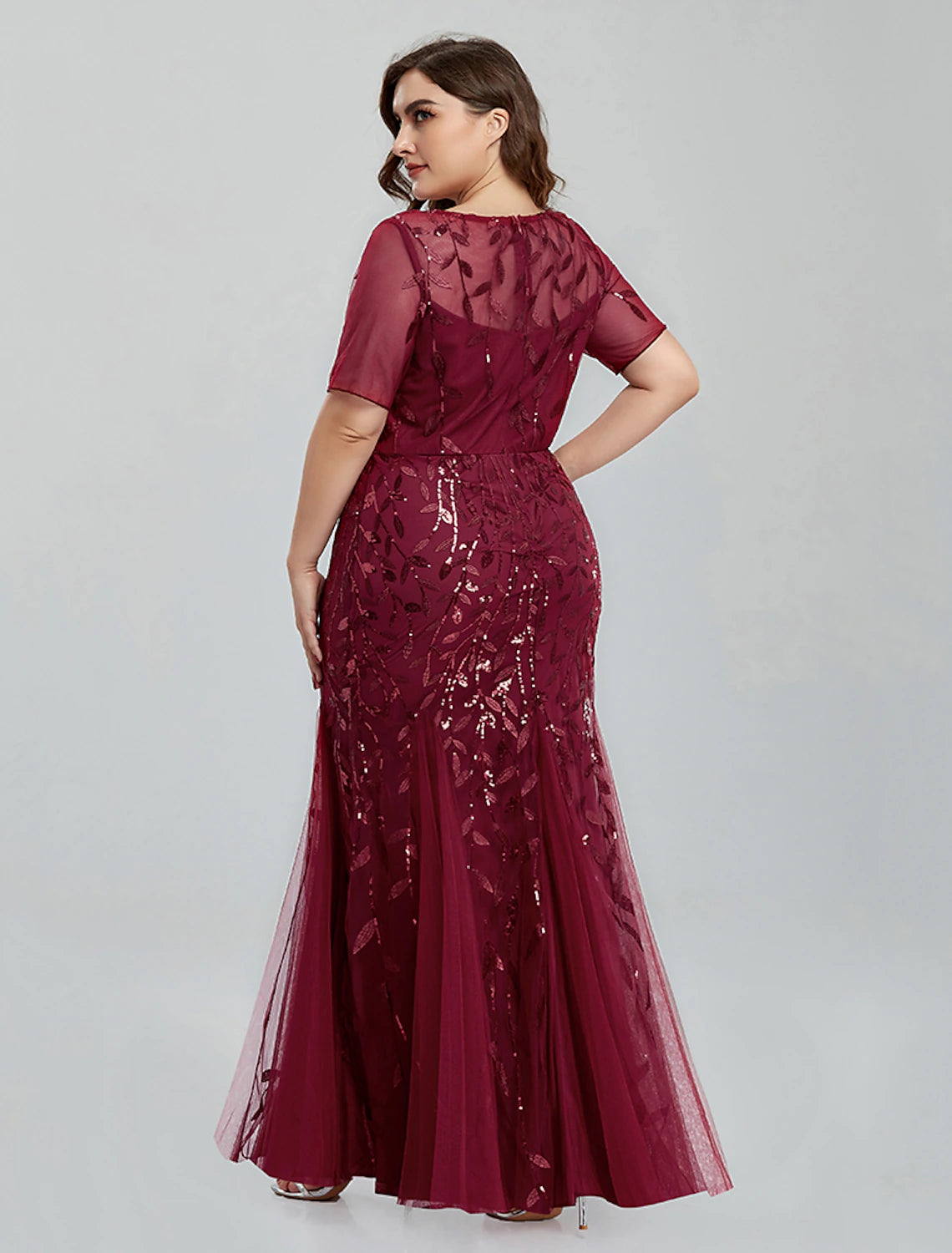 Mermaid / Trumpet Evening Gown Empire Dress Wedding Guest Floor Length Short Sleeve Jewel Neck Bridesmaid Dress Tulle with Embroidery