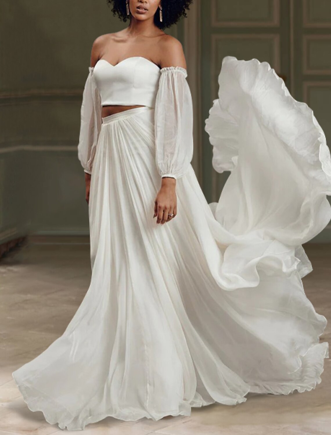 Beach Wedding Dresses A-Line Separates Separates Court Train Chiffon Bridal Skirts Bridal Gowns With Solid Color