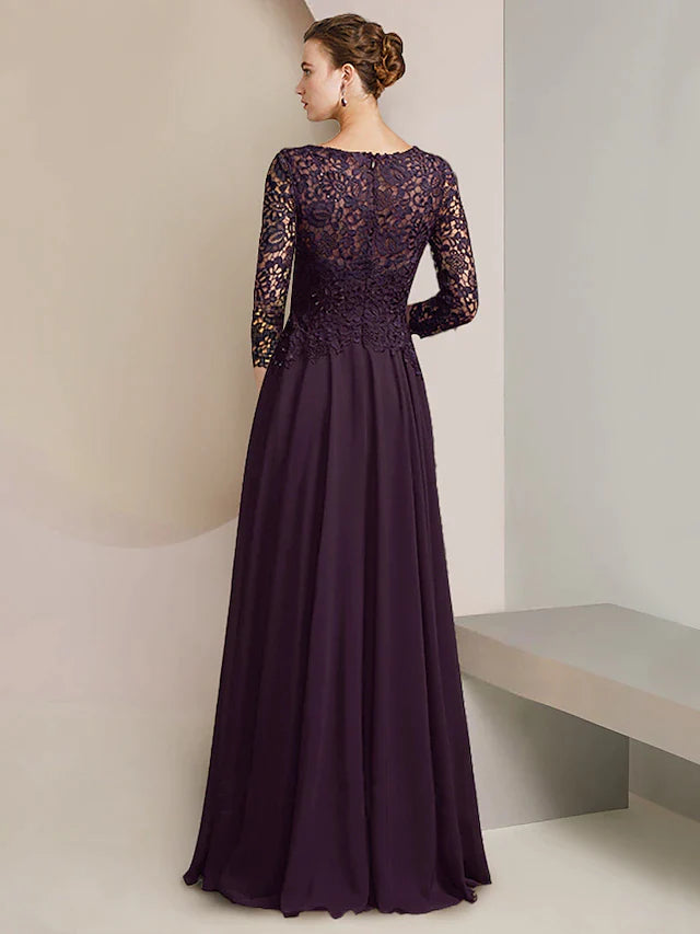 DingjiA-Line Mother of the Bride Dress Formal Elegant Scoop Neck Floor Length Chiffon Lace 3/4 Length Sleeve with Pleats Appliques