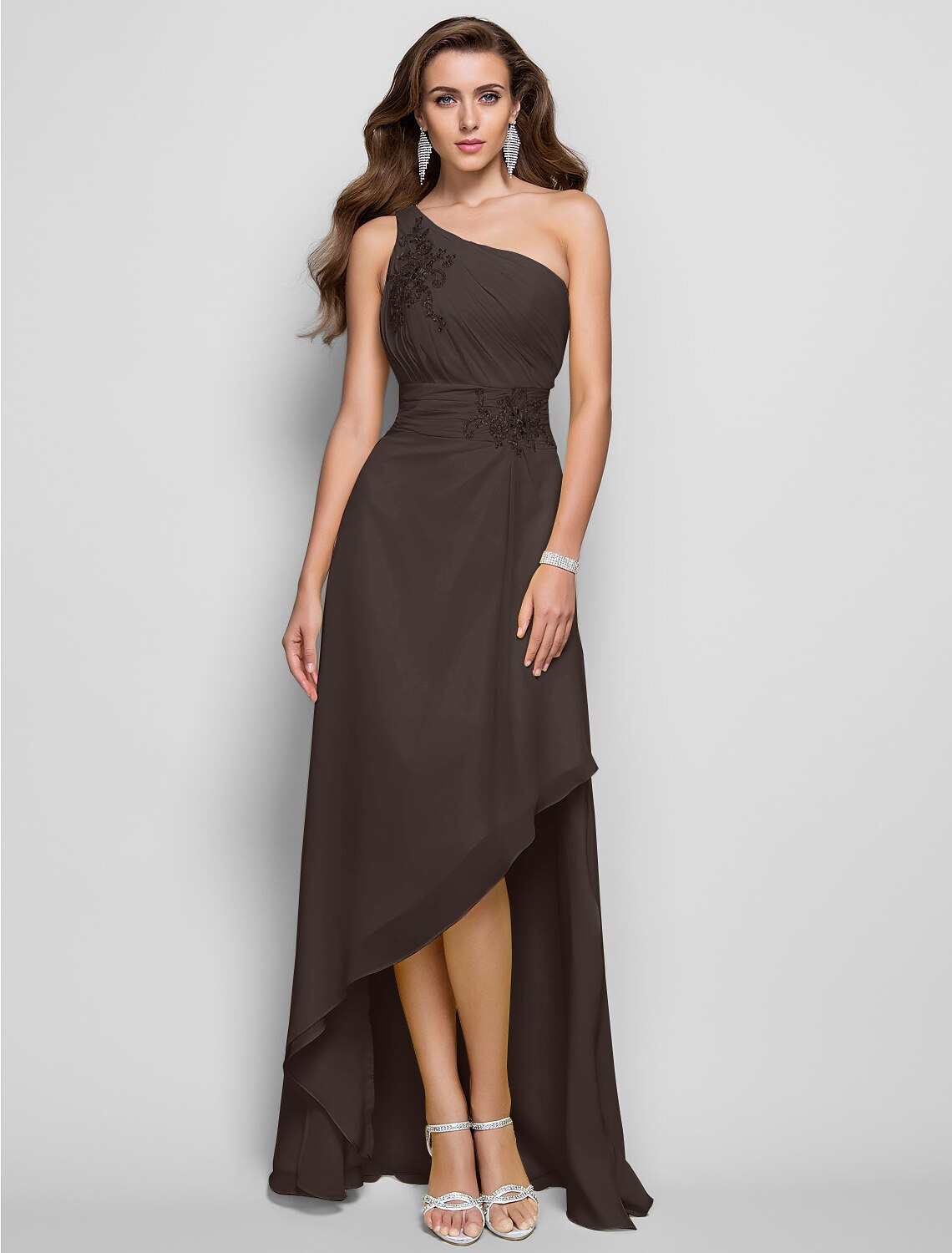 Sheath / Column Elegant Dress Wedding Guest Cocktail Party Asymmetrical Sleeveless One Shoulder Bridesmaid Dress Chiffon with Beading Slit Appliques