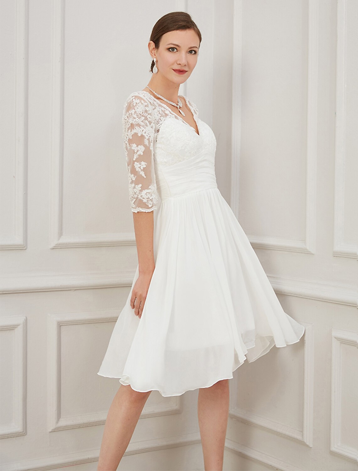Reception Little White Dresses Fall Wedding Dresses A-Line V Neck Half Sleeve Knee Length Chiffon Bridal Gowns With Draping Appliques 2023 Summer Wedding Party