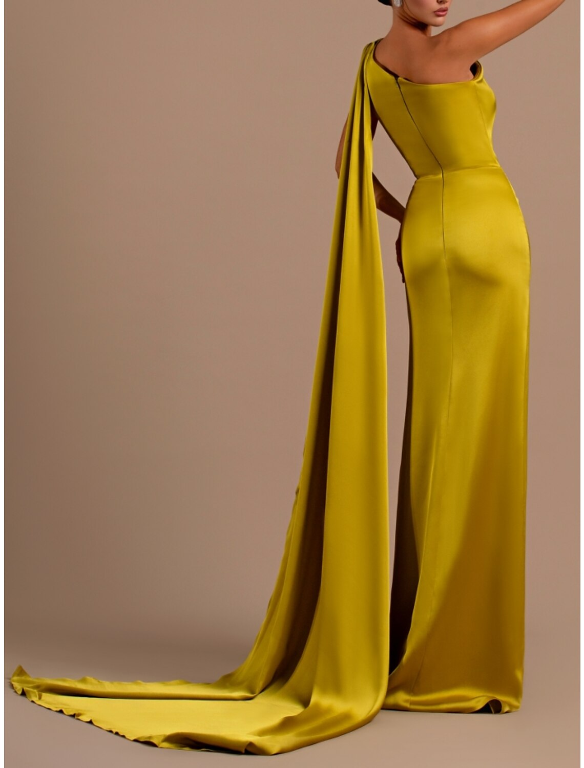 Sheath / Column Evening Gown Elegant Dress Formal Court Train Christmas Red Green Dress Sleeveless One Shoulder Satin with Pleats Slit