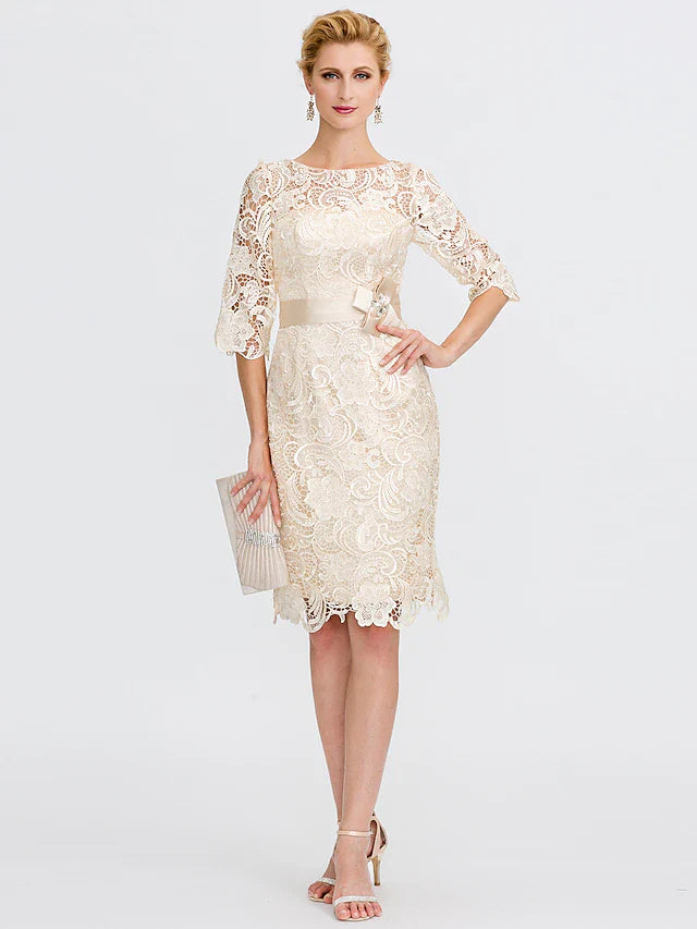 Sheath / Column Mother of the Bride Dress Formal Wedding Guest Plus Size Elegant Illusion Neck Knee Length All Over Lace 3/4 Length Sleeve with Bow(s)