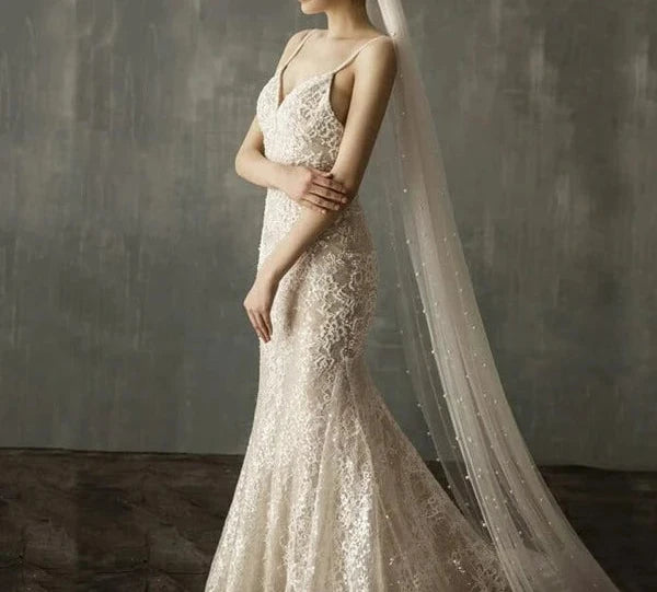 Mermaid Lace Appliqued Wedding Dress with Train