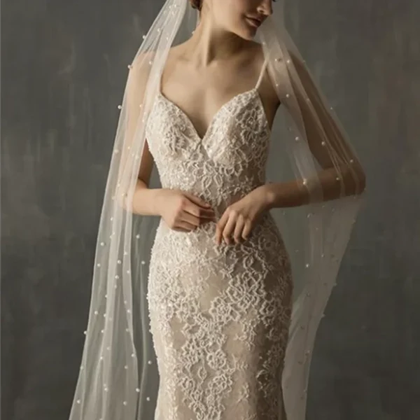 Mermaid Lace Appliqued Wedding Dress with Train