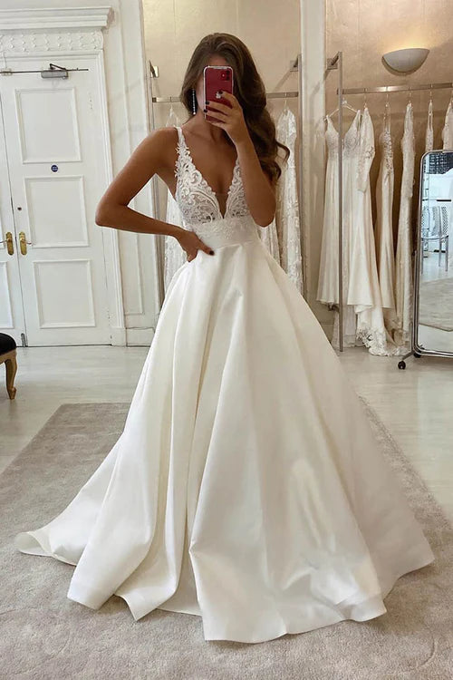 A-Line V-neck Lace Appliques Satin Wedding Dress Bridal Gowns