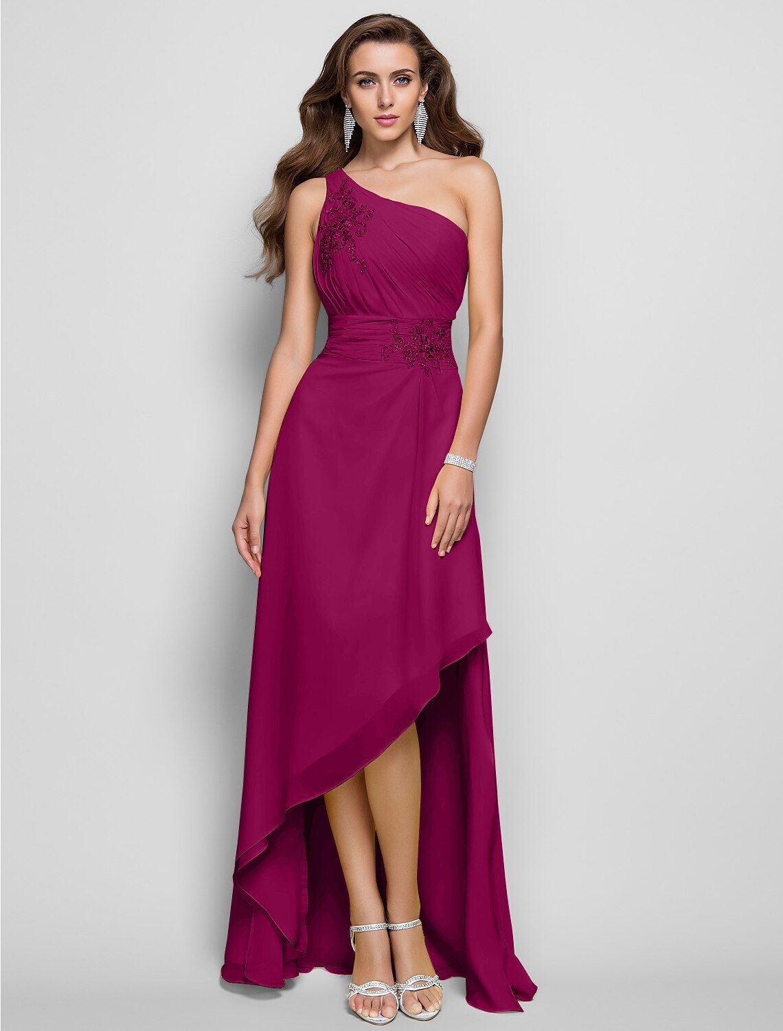 Sheath / Column Elegant Dress Wedding Guest Asymmetrical Sleeveless One Shoulder Chiffon with Beading Slit Appliques