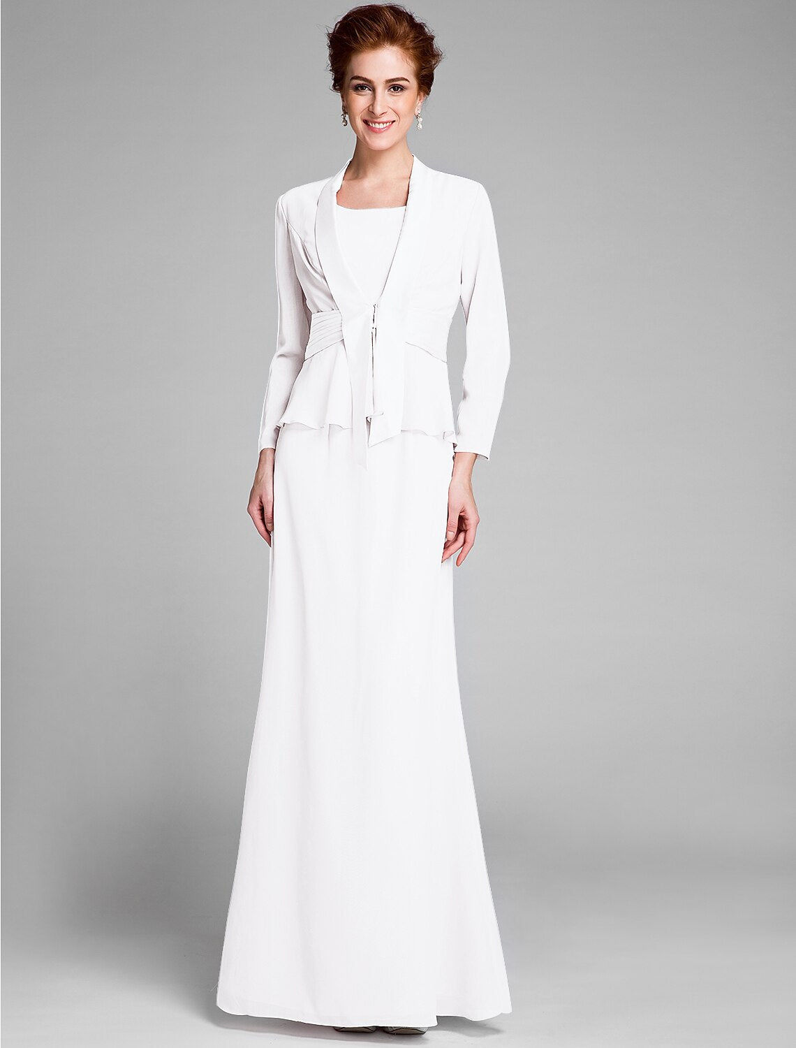Mermaid / Trumpet Mother of the Bride Dress Convertible Dress Scoop Neck Floor Length Chiffon Long Sleeve Wrap Included with Sash / Ribbon