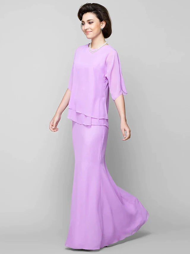 Mermaid / Trumpet Mother of the Bride Dress Elegant Scoop Neck Floor Length Chiffon Half Sleeve with Pleats