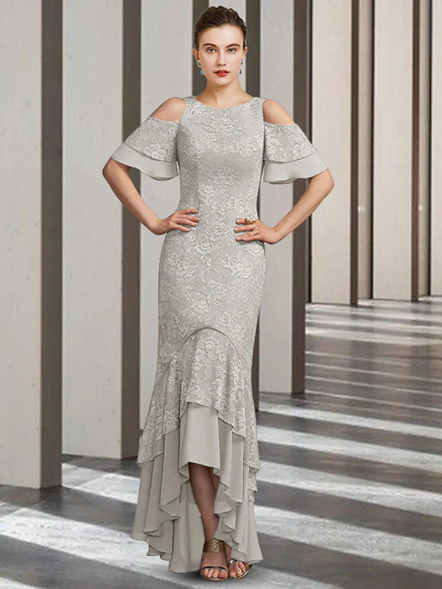 DingjiSheath / Column Mother of the Bride Dress Elegant High Low Jewel Neck Floor Length Chiffon Lace Short Sleeve with Ruffles