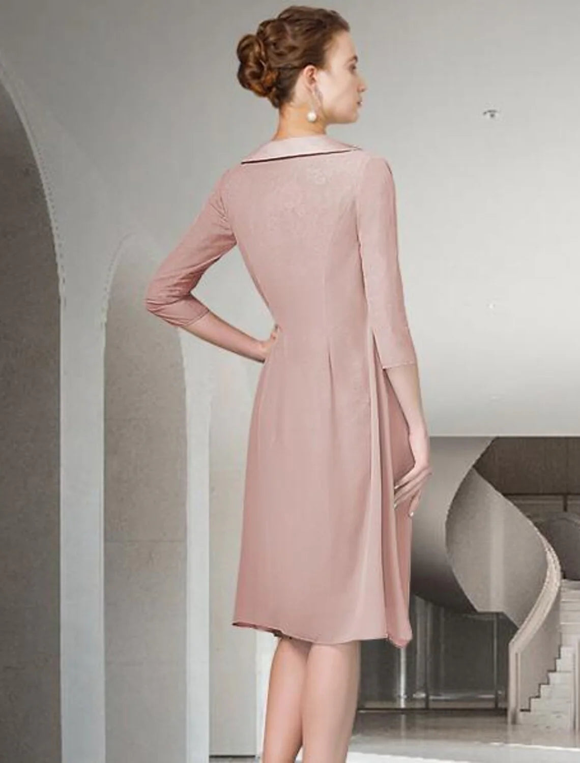 DingjiTwo Piece Sheath / Column Mother of the Bride Dress Fall Wedding Guest Church Plus Size Elegant Jewel Neck Knee Length Chiffon Lace Half Sleeve Wrap Included Jacket Dresses with Ruched Appliques