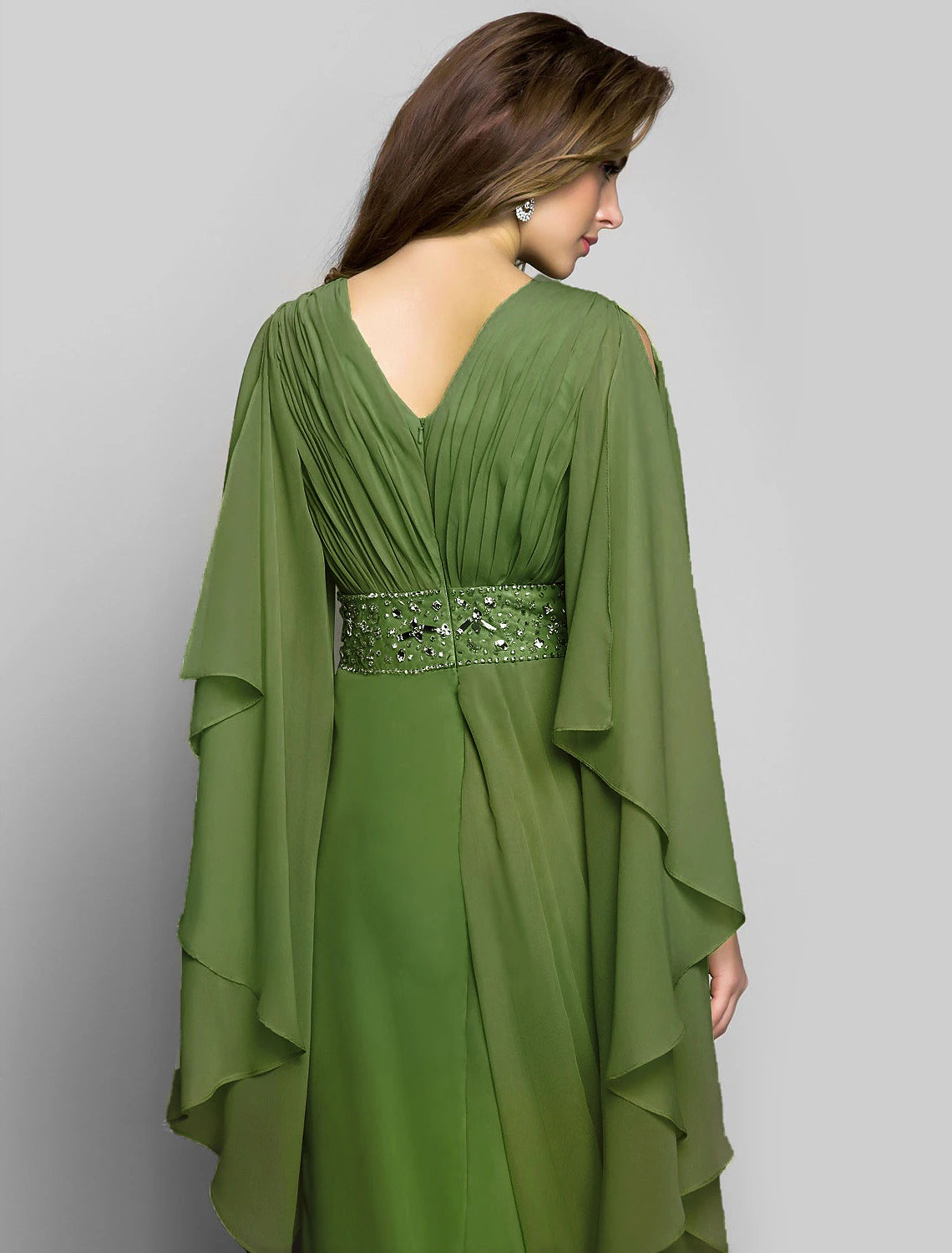 Sheath / Column Elegant Dress Wedding Guest Formal Evening Floor Length Long Sleeve V Neck Chiffon V Back with Crystals Side Draping