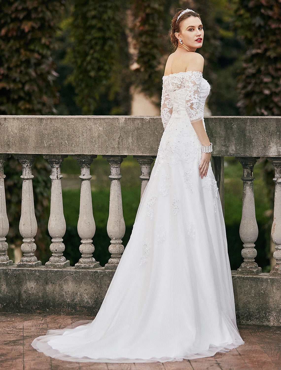 Hall Wedding Dresses A-Line Off Shoulder 3/4-Length Sleeve Sweep / Brush Train Lace Bridal Gowns With Beading Appliques