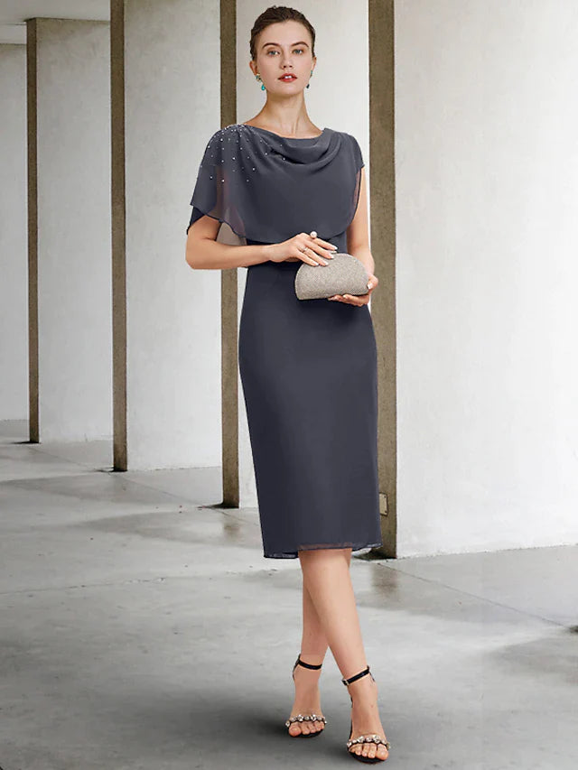 Sheath / Column Mother of the Bride Dress Wedding Guest Vintage Elegant Jewel Neck Tea Length Chiffon Short Sleeve with Pearls Ruching