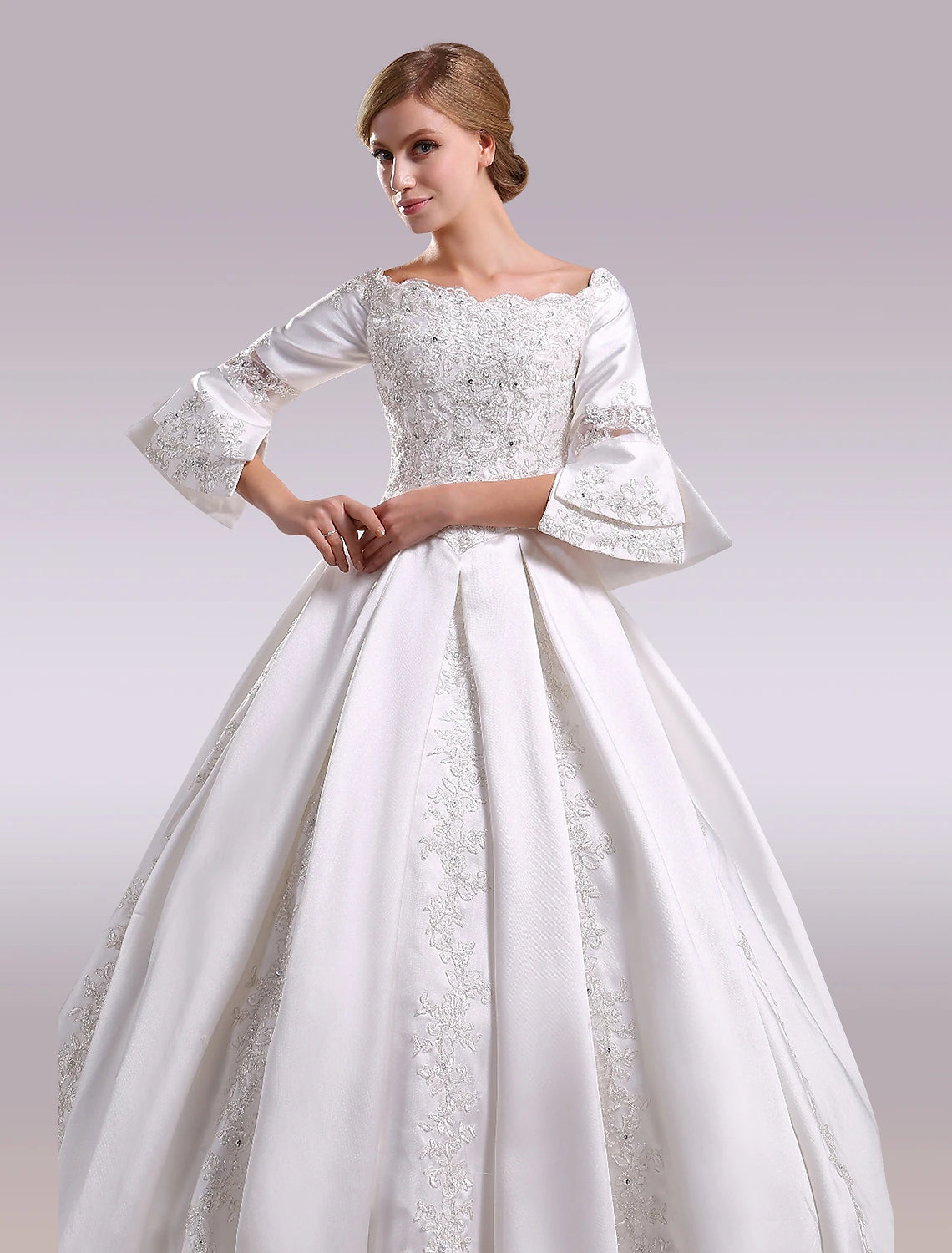 Hall Wedding Dresses A-Line Off Shoulder Long Sleeve Chapel Train Satin Bridal Gowns With Lace Beading