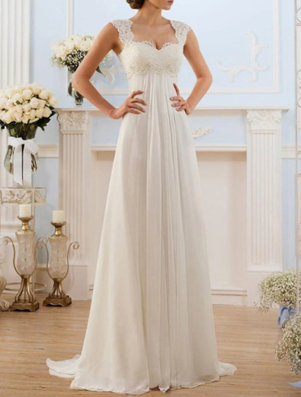 Beach Open Back Wedding Dresses A-Line Sweetheart Cap Sleeve Sweep / Brush Train Chiffon Bridal Gowns With Lace Insert