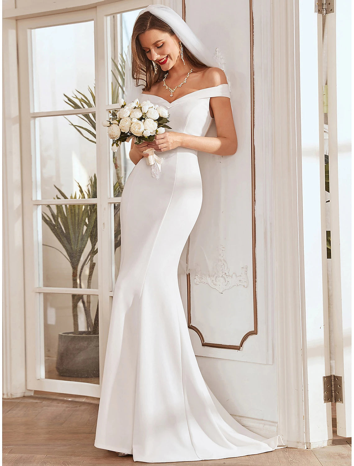 Reception Casual Wedding Dresses Mermaid / Trumpet Off Shoulder Cap Sleeve Sweep / Brush Train Stretch Fabric Bridal Gowns With Pleats Draping Summer Wedding Party