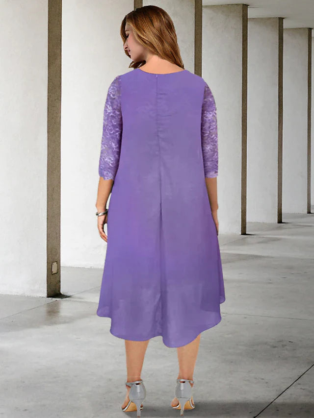 A-Line Plus Size Curve Mother of the Bride Dresses Elegant Dress Formal Knee Length Half Sleeve Off Shoulder Chiffon with Appliques