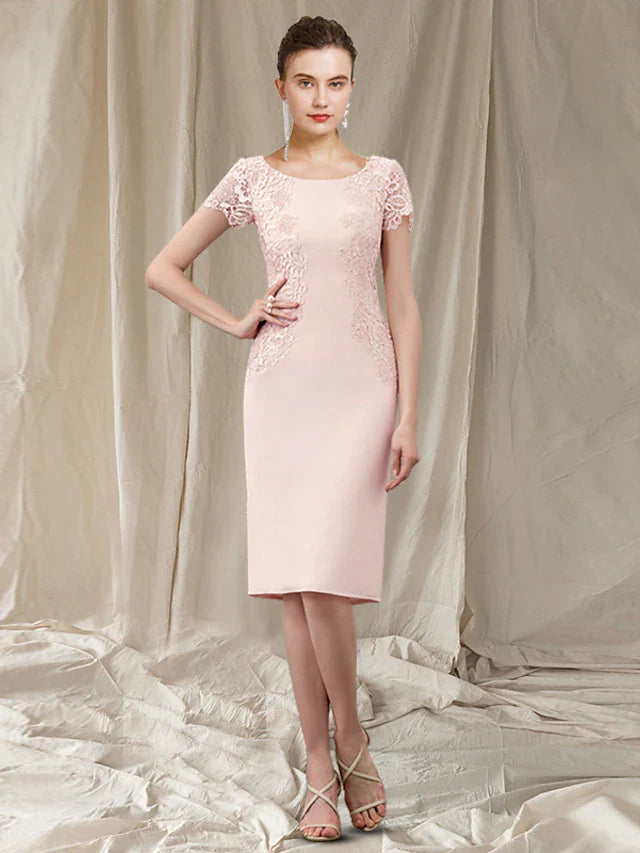 Sheath / Column Mother of the Bride Dress Elegant Jewel Neck Knee Length Lace Stretch Fabric Short Sleeve with Appliques
