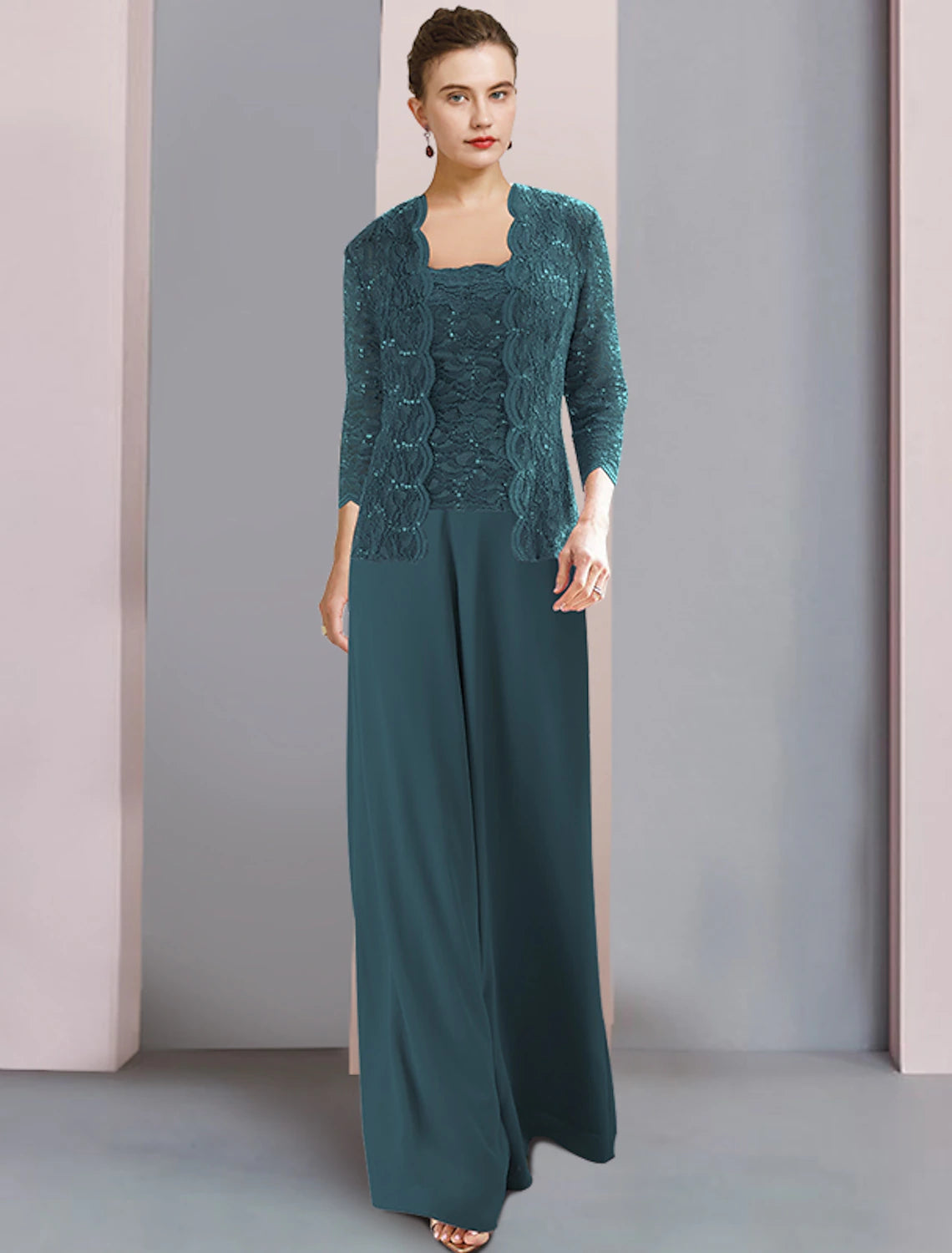 Jumpsuit / Pantsuit 3 Piece Mother of the Bride Dress Formal Elegant Square Neck Floor Length Chiffon Lace Sleeveless Wrap Included with Sequin