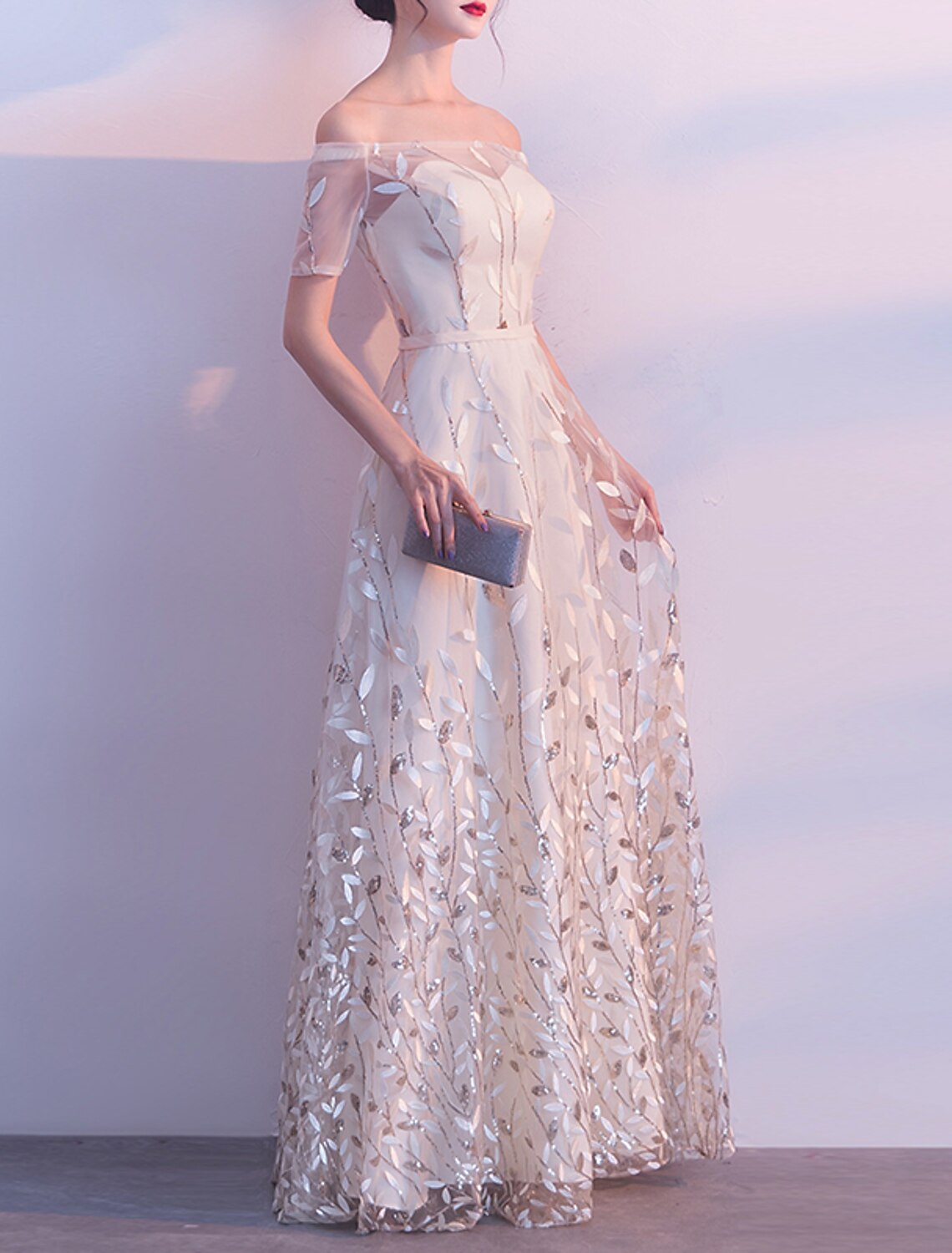 A-Line Prom Dresses Floral Dress Wedding Guest Prom Floor Length Short Sleeve Off Shoulder Tulle with Sash / Ribbon Embroidery