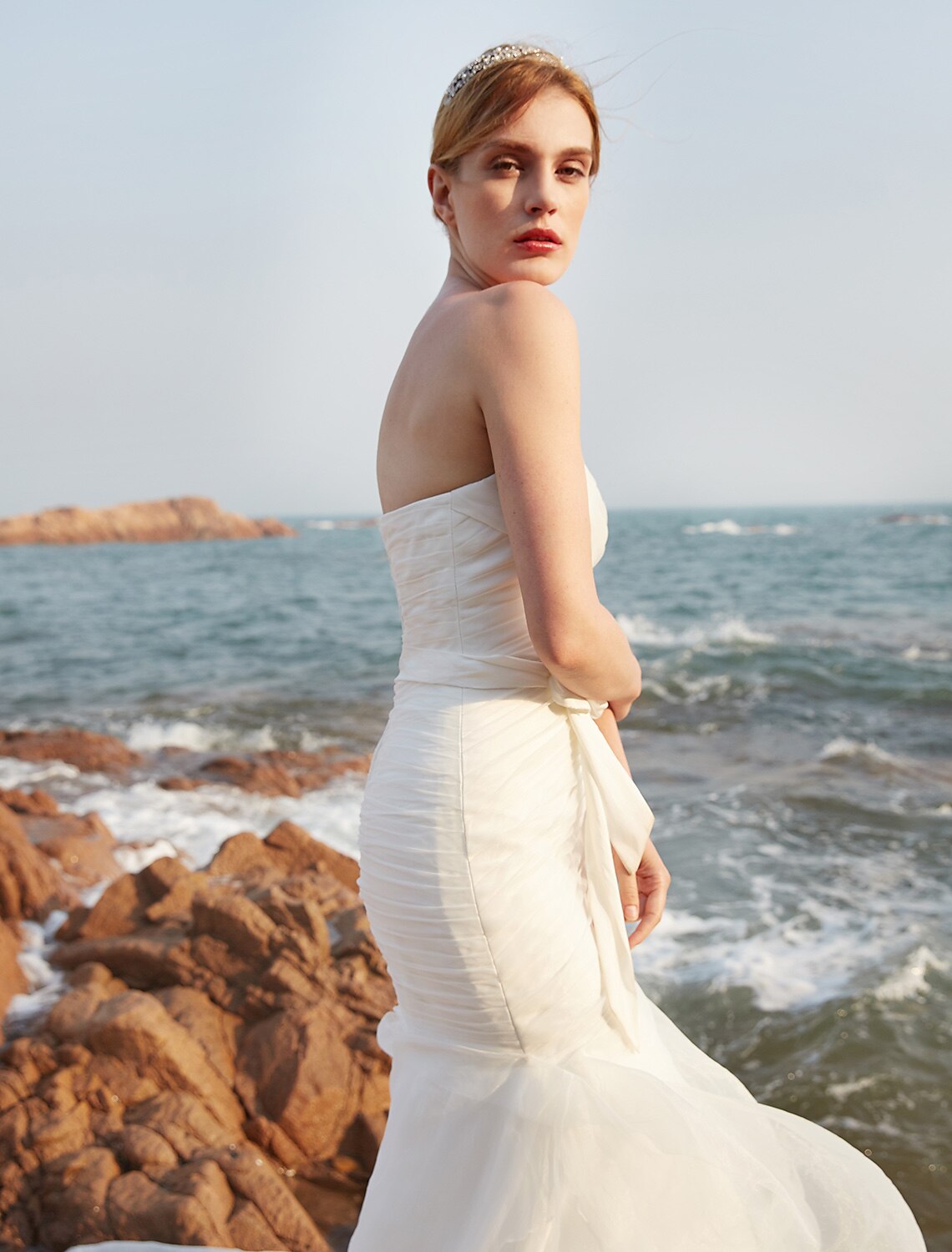 Wedding Dresses Mermaid / Trumpet Strapless Sleeveless Court Train Organza Bridal Gowns With Bowknot Pick Up Skirt