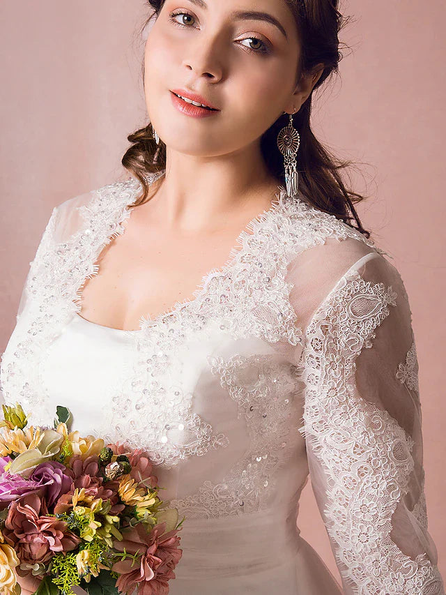 Dingji Hall Sparkle & Shine Wedding Dresses Court Train A-Line Long Sleeve Illusion Neck Satin With Buttons Ruched