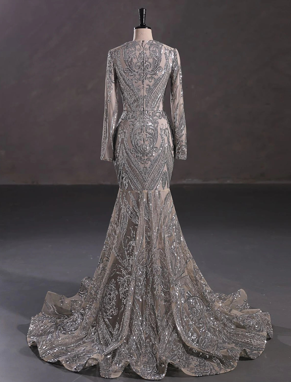 Mermaid / Trumpet Evening Gown Sparkle & Shine Dress Carnival Formal Court Train Long Sleeve V Neck African American Lace with Sequin