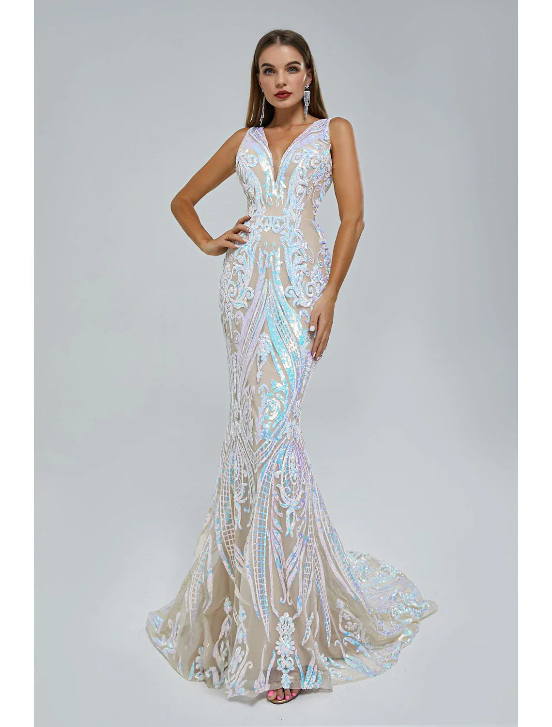 DingjiMermaid / Trumpet Evening Gown Sparkle & Shine Dress Wedding Guest Engagement Court Train Sleeveless V Neck Sequined with Sequin
