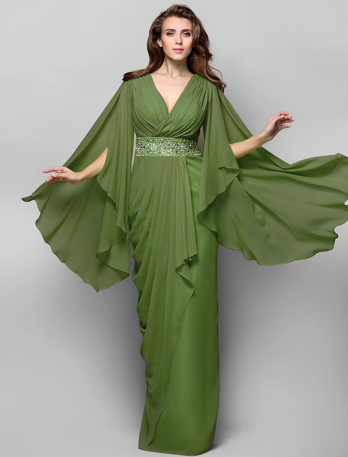 Sheath / Column Elegant Dress Wedding Guest Formal Evening Floor Length Long Sleeve V Neck Chiffon V Back with Crystals Side Draping