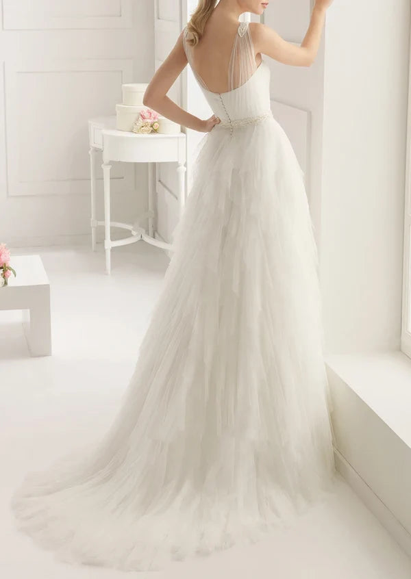 Top-ruched Layered Gown With Beaded Tulle Straps