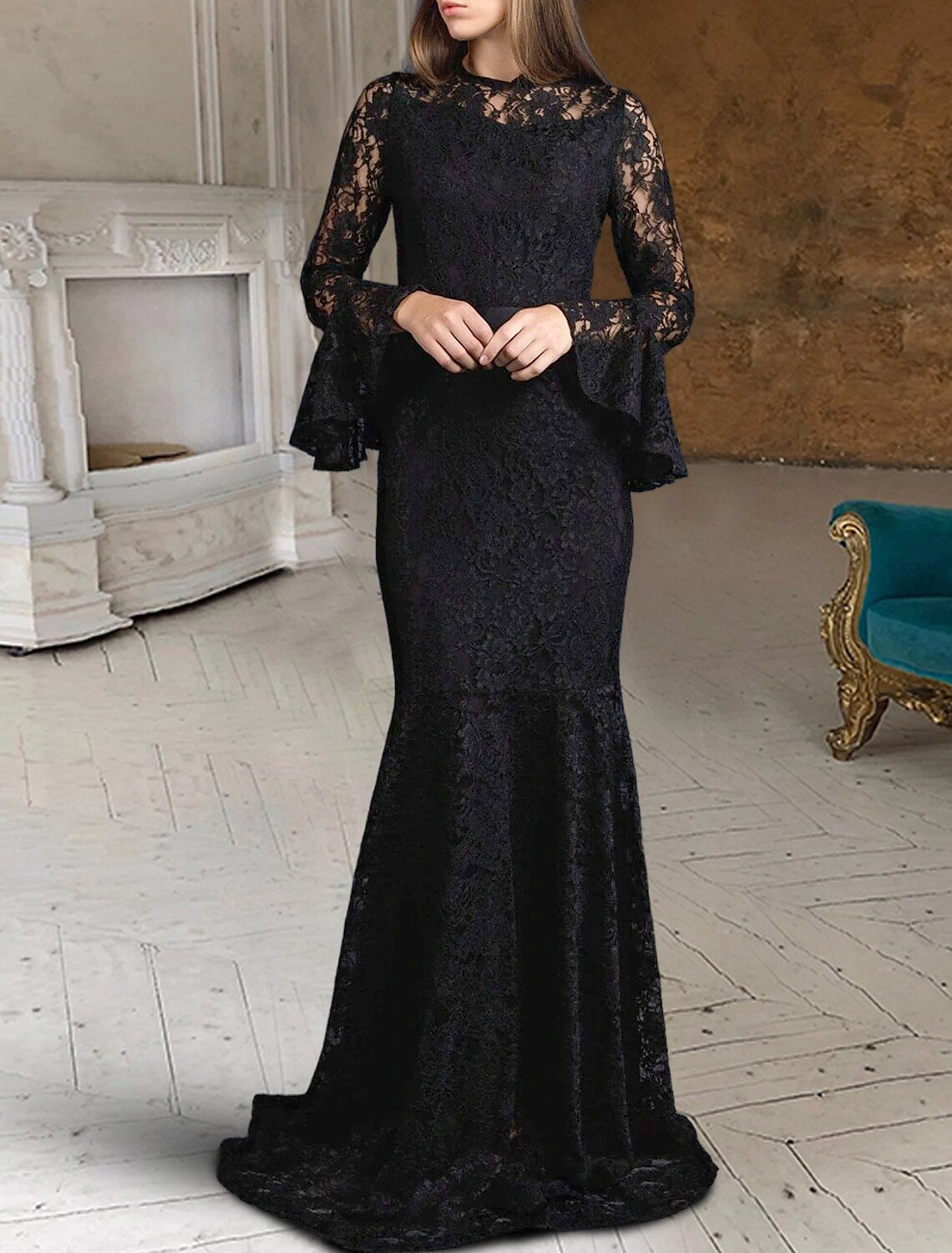 Black Wedding Dresses Party Formal Mermaid / Trumpet Scoop Neck Long Sleeve Sweep / Brush Train Lace Gothi Fall Halloween Bachelorette Bridal Gowns With Solid Color