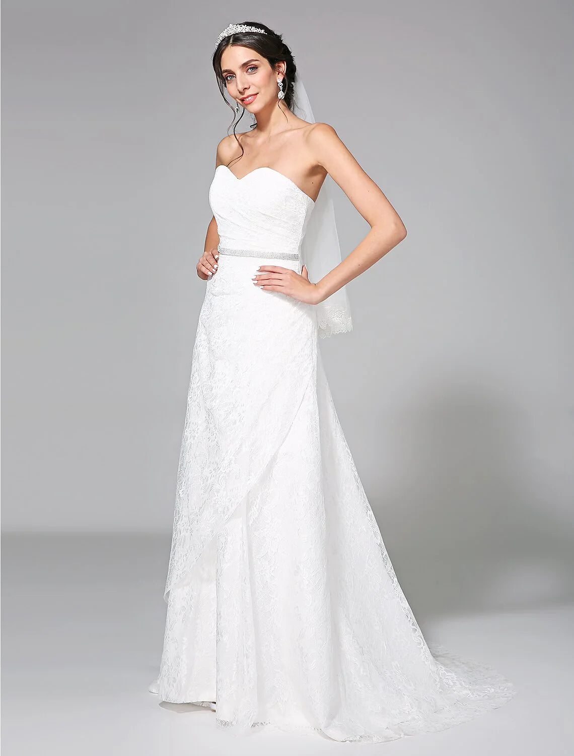 DingjiWedding Dresses A-Line Sweetheart Sleeveless Sweep / Brush Train Lace Bridal Gowns With Sash / Ribbon Side-Draped