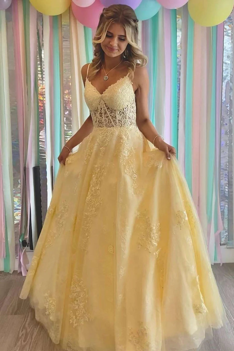 Yellow V-Neck Lace-Up Back Long Prom Dress