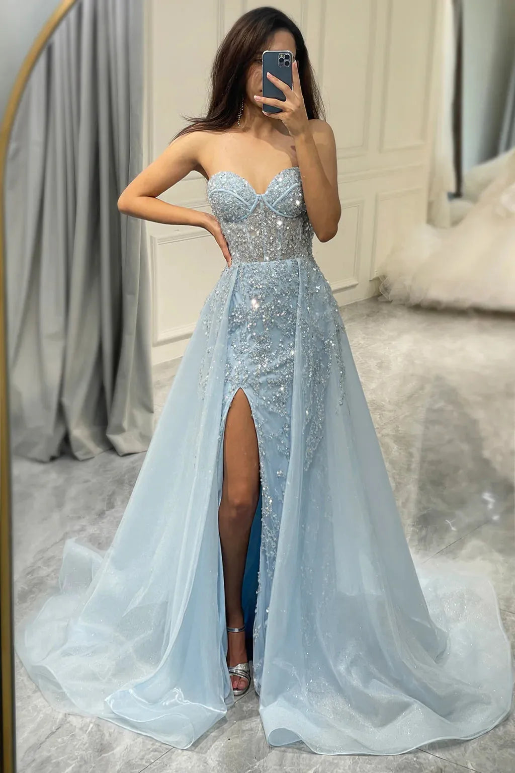 Light Blue Long Corset Prom Dress With Sweep Train
