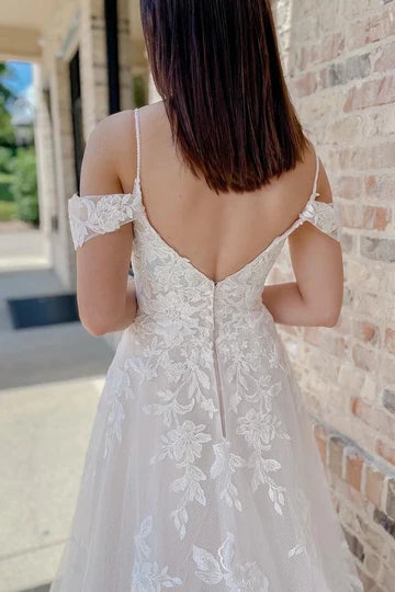Cold-Shoulder White Lace A-Line Long Wedding Dress