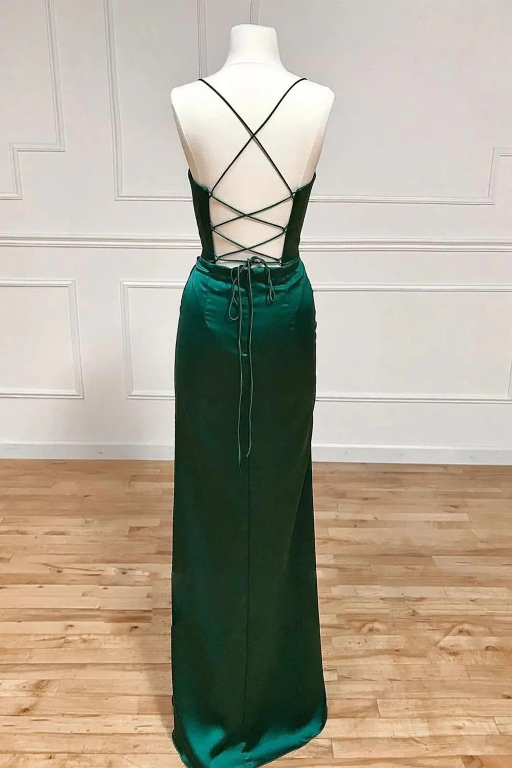 Spaghetti Straps Dark Green Corset Prom Dress with Split Front
