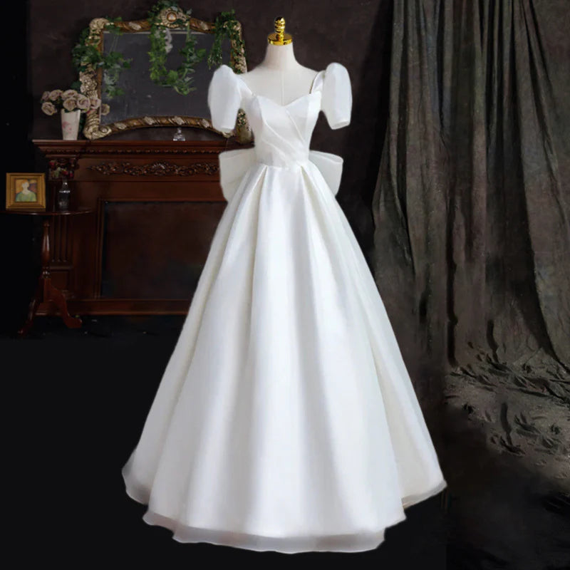 White Satin Wedding Dress Short Sleeves Long Prom Dress