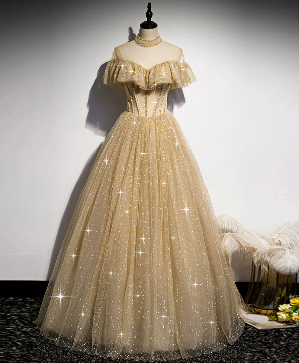 Long Prom Dress Aline Champagne Graduation Dress with Beading