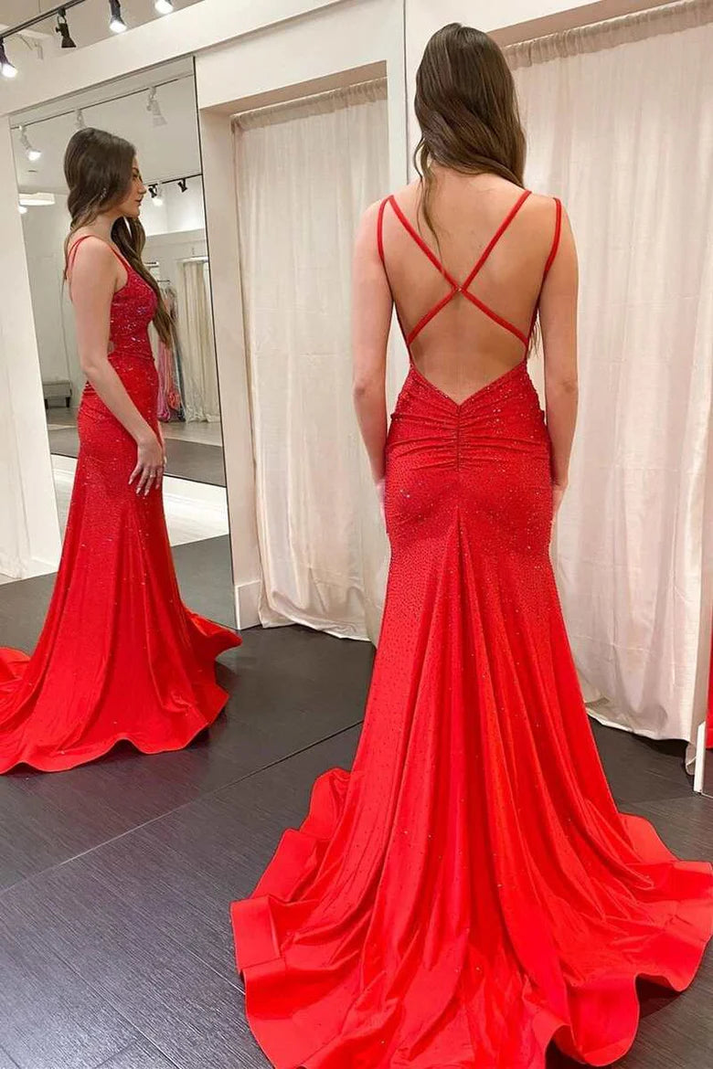 Beaded V-Neck Backless Mermaid Long Prom Gown