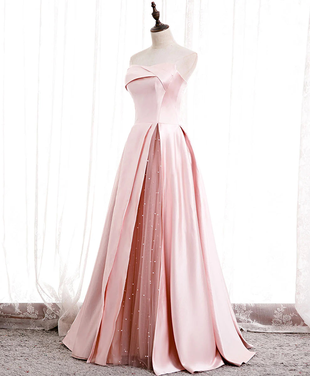Pink Satin Long Prom Dress Pink Formal Bridesmaid Dress