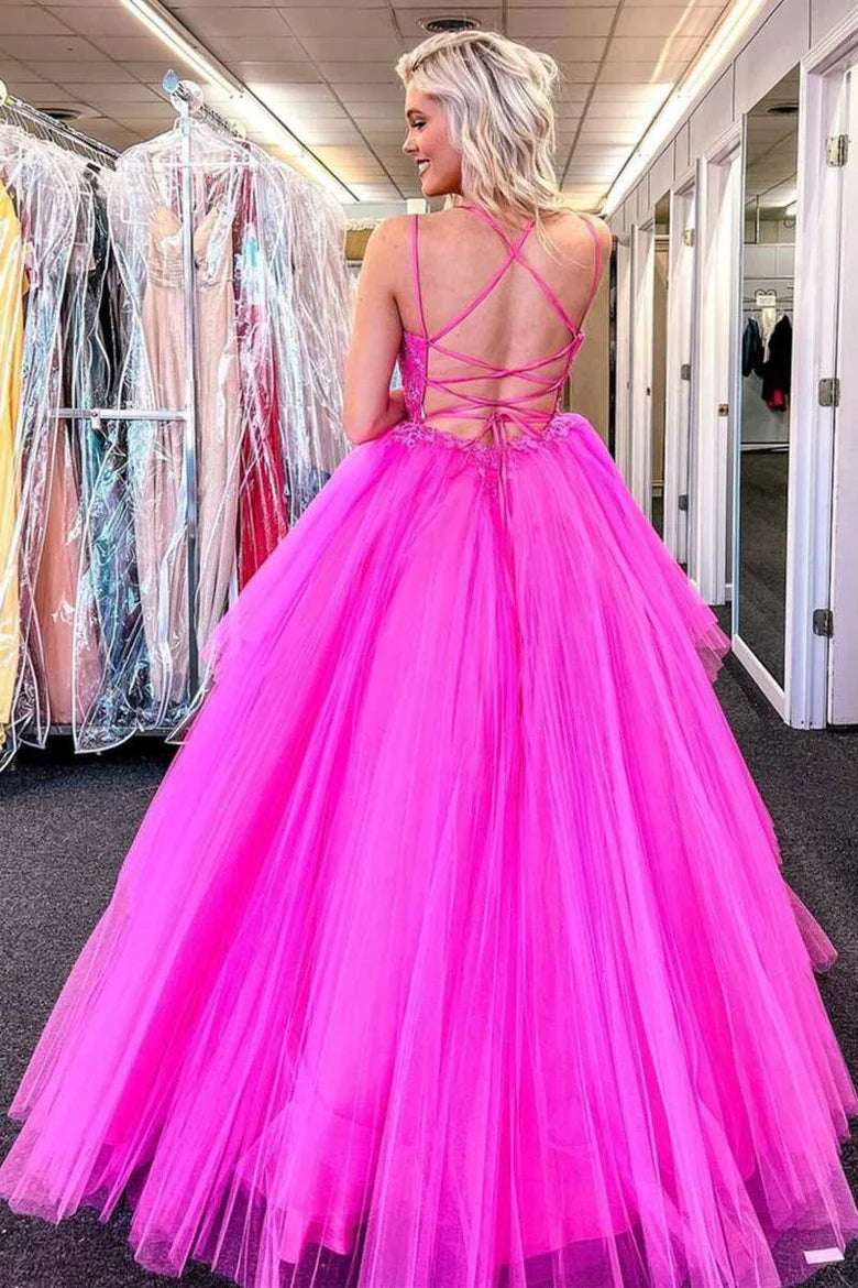 Lace V-Neck Lace-Up Back A-Line Long Ball Gown