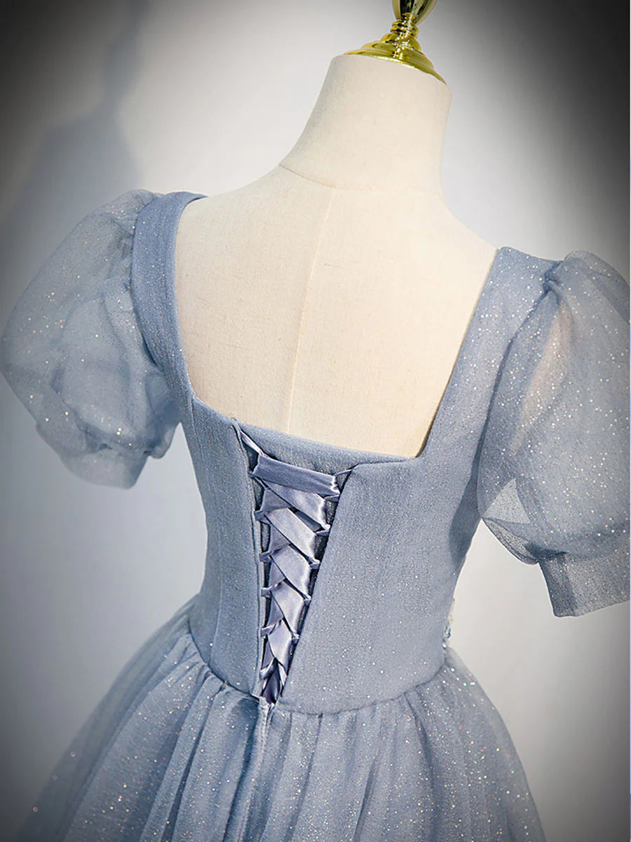 Tulle Long Prom Dress Gray Blue Tulle Formal Evening Dresses