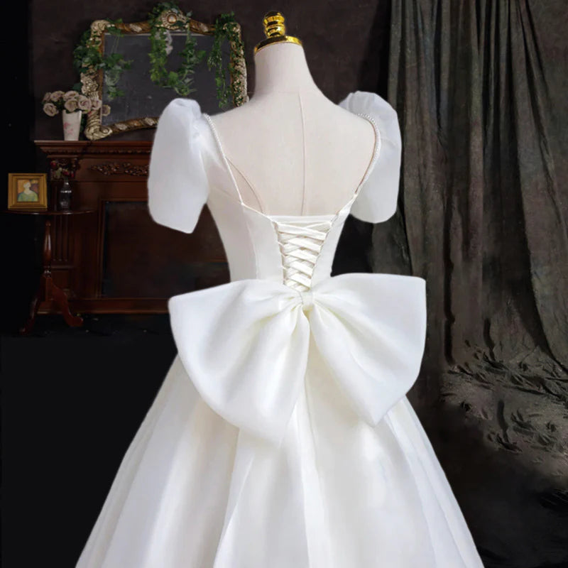 White Satin Wedding Dress Short Sleeves Long Prom Dress