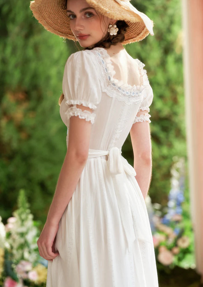White Cotton Midi Dresses with Square Neck Lace Trim Puff Sleeves Blue Ribbon Accents Lace Corset Waist and Tiered Ruffle Hem