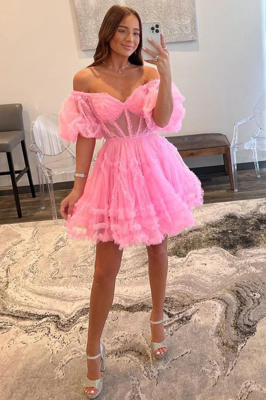 Sweetheart Puff Sleeve A-Line Short Party Dress with Ruffles
