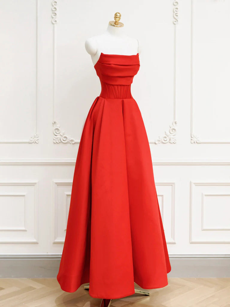 A-Line Satin Long Prom Dress Red Long Formal Dress