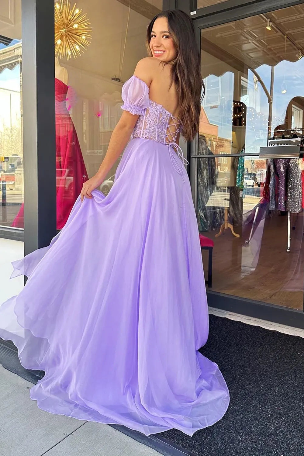 A Line Sweetheart Purple Corset Prom Dress with Appliques
