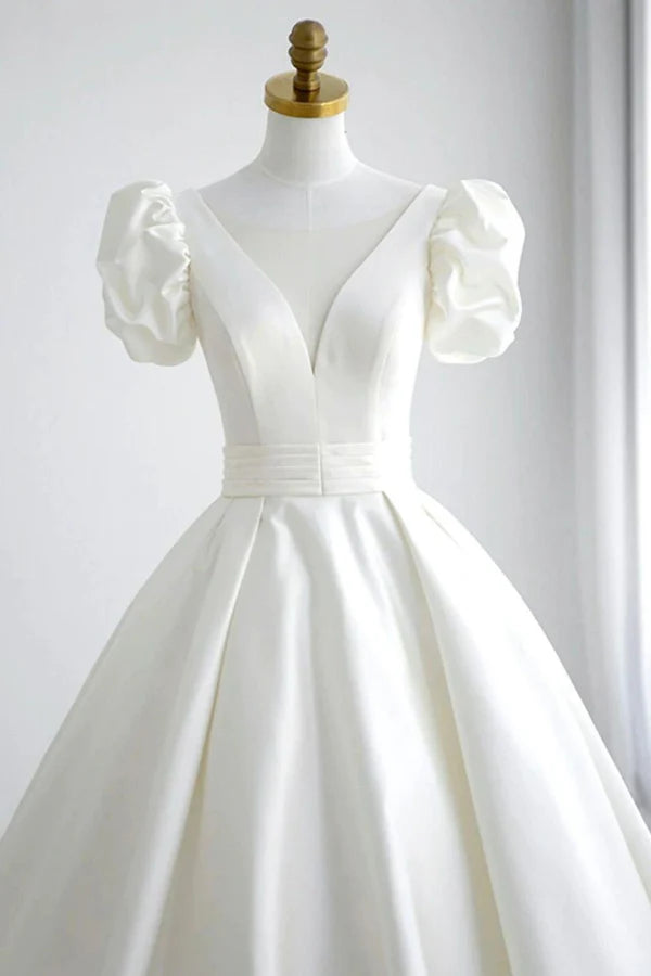 A Line V Neck White Wedding Dress with Short Sleeves